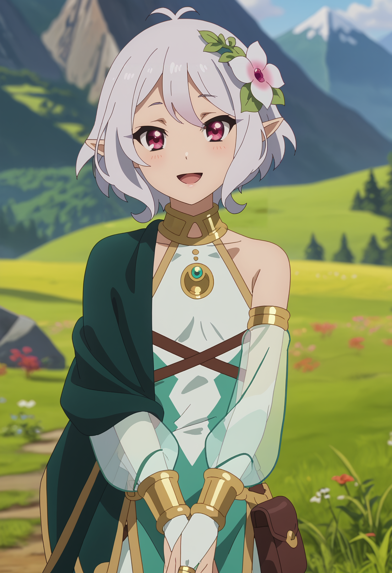 score_7_up, anime screencap,
<lora:PrincessConnect_KokkoroXL:0.9>,
1girl, solo, open mouth, light smile, head tilt,
short hair, white hair, antenna hair, magenta eyes, pointy ears, hair flower,
KokkoroPC, sleeveless dress, armlet, gold trim, asymmetrical clothes, green cape, strap, bridal gauntlets, see-through sleeves, pouch,
standing, looking at viewer, own hands together,
blurry background, mountains, scenery