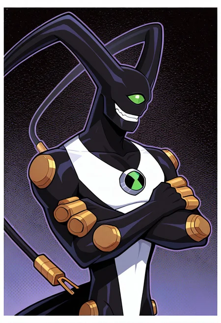 feedback, solo, smile, , tail, 1boy, no humans, green eye, single eye, , digimon (creature), black skin, , alien, masterpiece, best quality, amazing quality, very aesthetic, absurdres, newest, crossed arms, cables, , ((upper body, halftone effect, white borders, abstract background:1.2,))