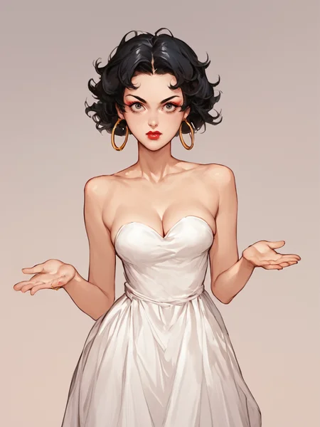 score_7_up, score_8_up, score_9, masterpiece, (perfect hands,:1.2) perfect face, high quality, source_anime, (1girl, solo,) <lora:Betty_Boop_-_Talkartoon:1> bettyboop, black hair, short hair, hoop earrings, dress, strapless, lipstick, makeup, cleavage, cowboy shot,