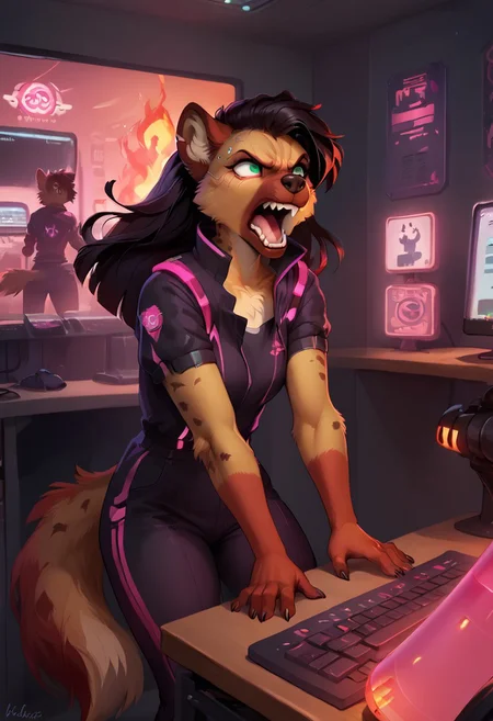 score_9, score_8_up, score_8, source_furry, 1girl, long hair, anthro hyena girl, black hair with pink streaks, cyberpunk outfit, tech tools, inside a huge computer server room, computer servers on fire, using fire extinguisher , angry, screaming
