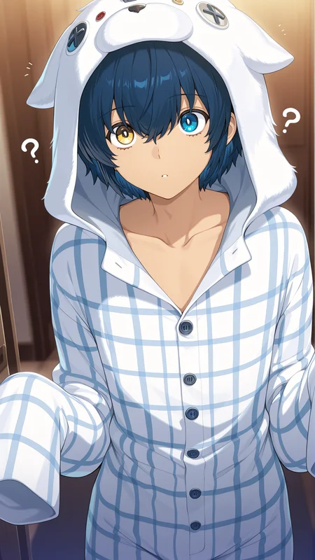 Masterpiece, best quality, newest, solo, 1boy, male focus, <lora:IlluWill:1> illuwilla, blue hair, blue eyes, yellow eyes, heterochromia, hair between eyes, hoodie, sleeves past fingers, plaid pajamas, onesie, collarbone, animal hood, ?,