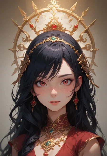 score_9_up, score_8_up, score_7_up, score_6_up, 1girl, solo, 25 years old, perfect face, cute, petite, close view,
freckles, black hair, long hair, floating hair, headband, hair ornament, golden jewelry,
red see-through clothes, red harem outfit,
Arabic architecture,
blush, shy smile, portrait, face focus, depth of field, looking at viewer,