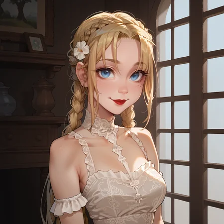 score_9, score_8_up, score_8, score_7_up,score_7, source_anime, rating_explicit, hires, (detailed,best quality:1.2),(<lora:Expressive_H:0.3>), (<lora:JGStyle:0.5>),(<lora:incase-ilff-v3-4:0.7>), 1girl, (skinny:1.3), narrow waist, thin, slender,(<lora:oppai_v0.1-pony:0.8>) , medium breasts, <lora:French_Braids:0.8> , frbraids, , blonde hair, blue eyes, portrait, french braid, very long hair, hair flower, lace, smile, exquisite dress, looking at viewer,