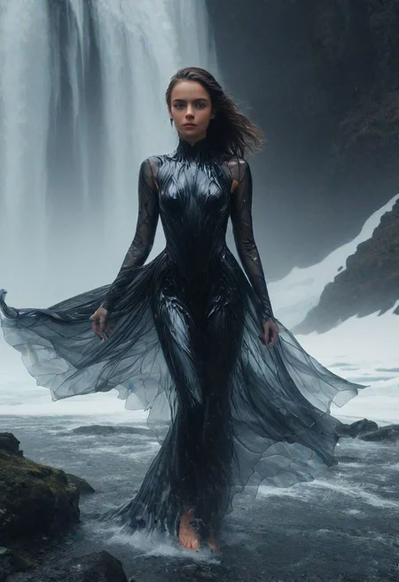 a young woman wearing a full ObsidianGlass dress in a waterfall