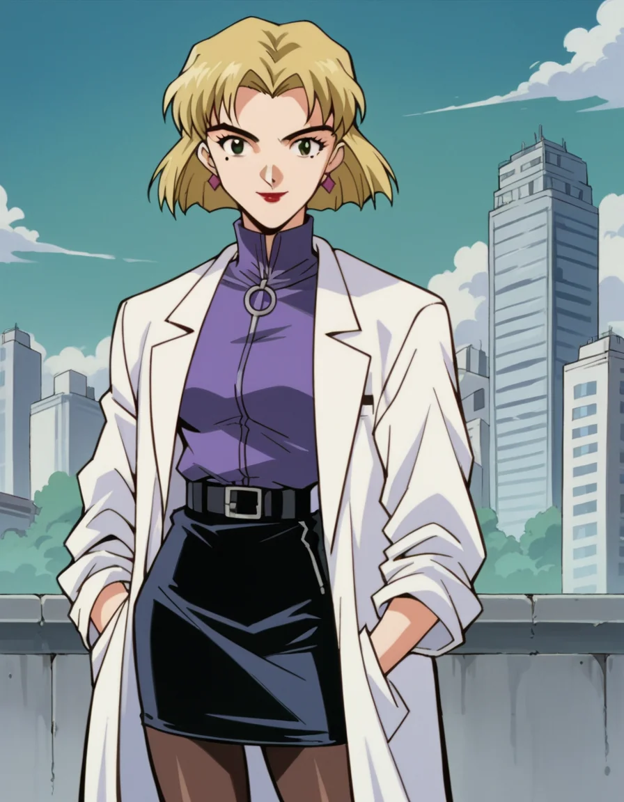 score_9, score_8_up, score_7_up, source_anime,
ritsukoakagi, <lora:ritsuko-akagi-classic-ponyxl-lora-nochekaiser:1>,
ritsuko akagi, short hair, blonde hair, mole, mole under eye, parted bangs, green eyes,
lipstick, skirt, jewelry, pantyhose, earrings, belt, pencil skirt, labcoat, shirt, purple shirt, turtleneck, zipper,
cityscape, smile,
cowboy shot, looking at viewer, solo, dutch angle,