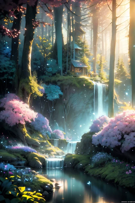 ( detailed realistic background:1),
( official art, beautiful and aesthetic:1 ),
realistic lighting,
cinematic lighting,
hyperrealism,
soothing tones,
muted colors,
high contrast,
soft light,
sharp,
artistic photoshoot,
 <lora:FeyAndFairies-11:0.8>FeyFa, , forest, trees, middle, path, waterfall, through, background, stream, flowers, lights, running, in the foreground stands a fairy in front of her fairy house, light