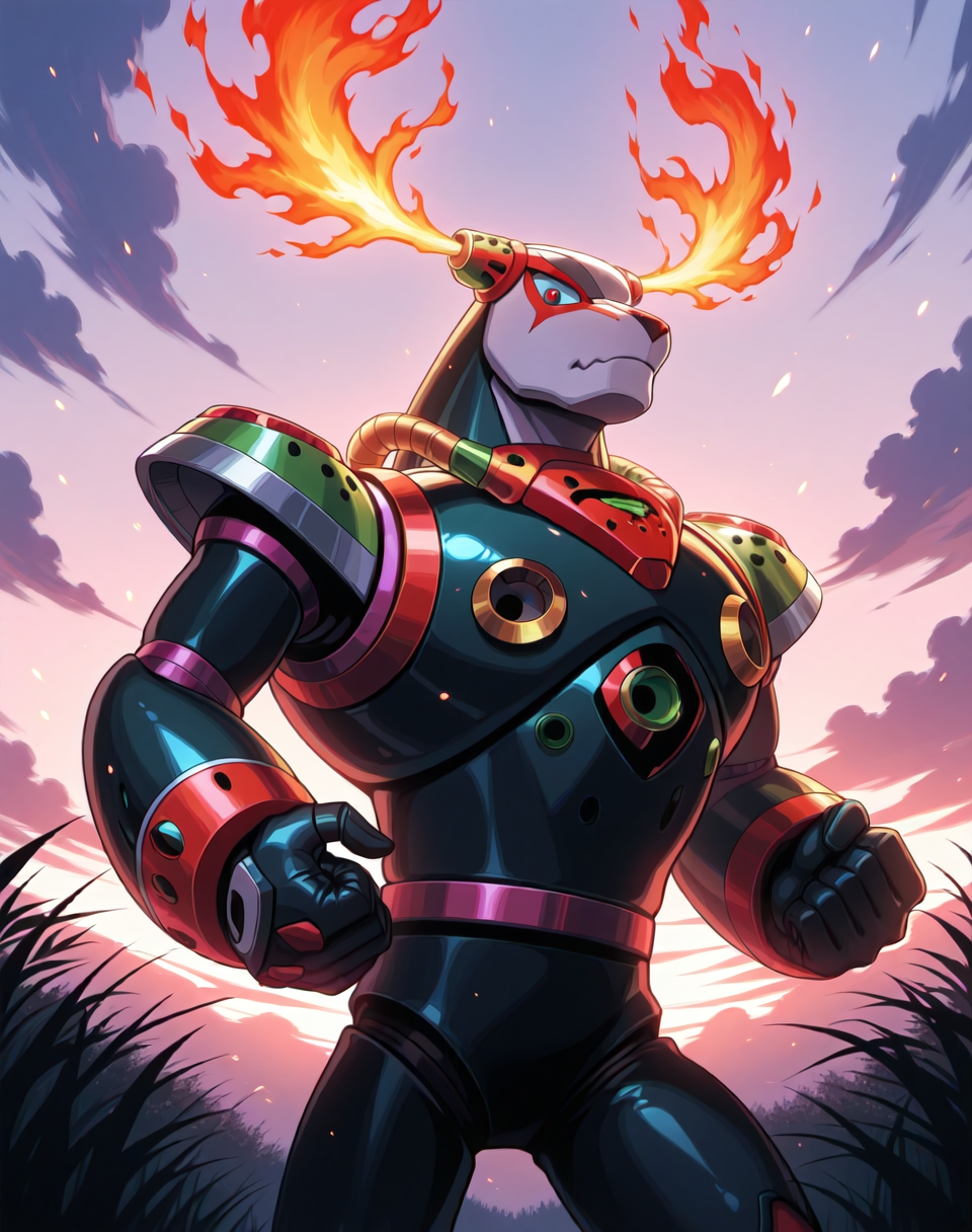 <lora:Flame_Stag_(Mega_Man_X)_(Illustrious)_(AD):1.35> Flame Stag, reploid, MMX, 
exterior, sky with clouds, grassy valley,
male focus, intense shadows, dynamic shadows, intricate details, attention to details, gradient coloring, bright vivid colors, robot, bent leg, glossy metal body, dynamic action, cowboy shot, 
BREAK very awe, masterpiece, best quality, amazing quality, very aesthetic, highres, absurdres, photographic realism, 8K CGI render,
EZRealPONYXL, zPDXL, Smooth Quality, lazynsfw,