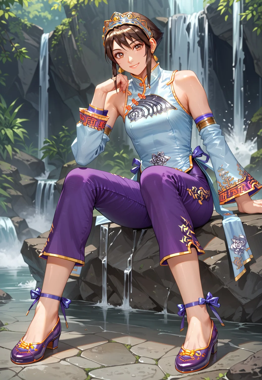 score_9, score_8_up, score_7_up,source_anime,,(masterpiece:1.3), (high quality:1.3),(1girl: xianghua-sc2,brown hair,short hair,brown eyes, long sidelocks,aqua headdress,mandarin collar,gold earrings,aqua china clothes,aqua detached sleeves,purple capri pants,purple ankle bow,purple shoes,),waterfall,sitting rock,head_rest,smile,looking at viewer,