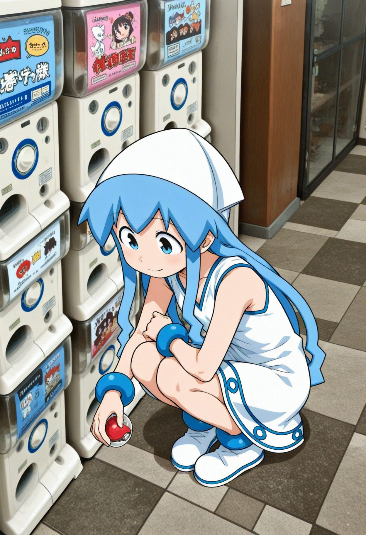 <lora:dmd2_sdxl_4step:1>, 1girl, solo, <lora:ikmsm_illustrious_v7:1> ikmsm, ikamusume, white headwear, white dress, sleeveless, bracelet, 
squatting, little smile, looking down, holding gashapon, 
, 
general, masterpiece, best quality, anime coloring, <lora:Capsule_toy_machine:0.9> Gacha Gacha, capsule toy machine, capsule toy, capsule,