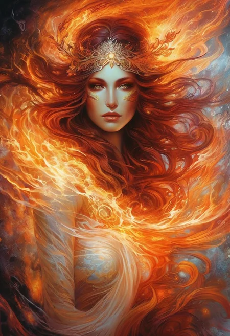1girl, extremely vibrant colours, normal skin Highly detailed, left hand side fire and white air magic/right hand side water and nature magic highly cinematic, close-up image of a deity of the four elements magic, perfect composition, dark colours, magical, left side fire and air, red orange white flowing fire and white fluffy air, magic right side natura, flowing water, forest nature, lots of details, flowers metallic ink, beautifully lit, a fine art painting by drew struzan and karol bak, gothic art, dark and mysterious, ilya kuvshino