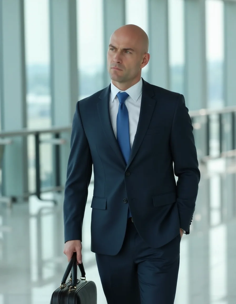a bald man in a business suit with a case in his hand walks through the airport grounds,<lora:Hitman (World of Assassination)_epoch_5:1>,