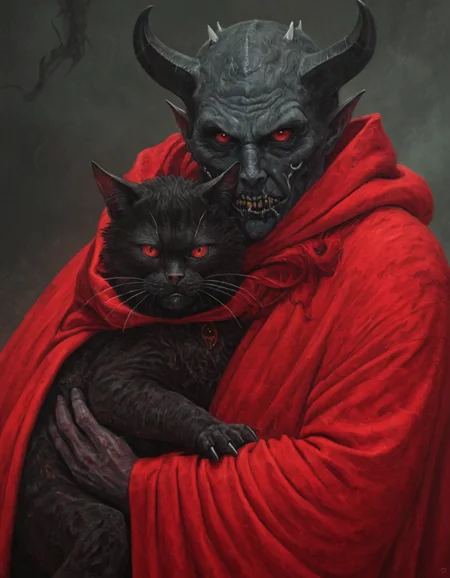 wynbrlwsty, a closeup portrait of a demon holding a giant cat, red robe, hell, creepy, nightmare, disturbing, creepy, gloomy, rotten