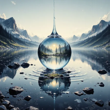 A surreal, soft tones, dreamlike landscape unfolds on an infinite water surface that mirrors the skies above with absolute clarity, creating a seamless transition between the world above and its reflection. Floating in the center is a perfectly round, transparent glass sphere, its surface shimmering with refracted light that captures faint glimmers of distant stars and the silhouettes of serene trees. Surrounding it, gentle ripples radiate outward, blending natural motion with ethereal stillness. In the distance, misty mountain ranges cradle the horizon, their reflections interweaving with the glassy water below. Adding to the mystical ambiance, the sphere evolves subtly: part of it elongates into a droplet shape, containing within it a miniature forest illuminated by soft, celestial light. Nearby rocks punctuate the water’s surface, grounding the fantastical scene with touches of realism. The interplay of light, water, and glass creates a harmonious and otherworldly composition that evokes a sense of wonder and infinite possibilities.