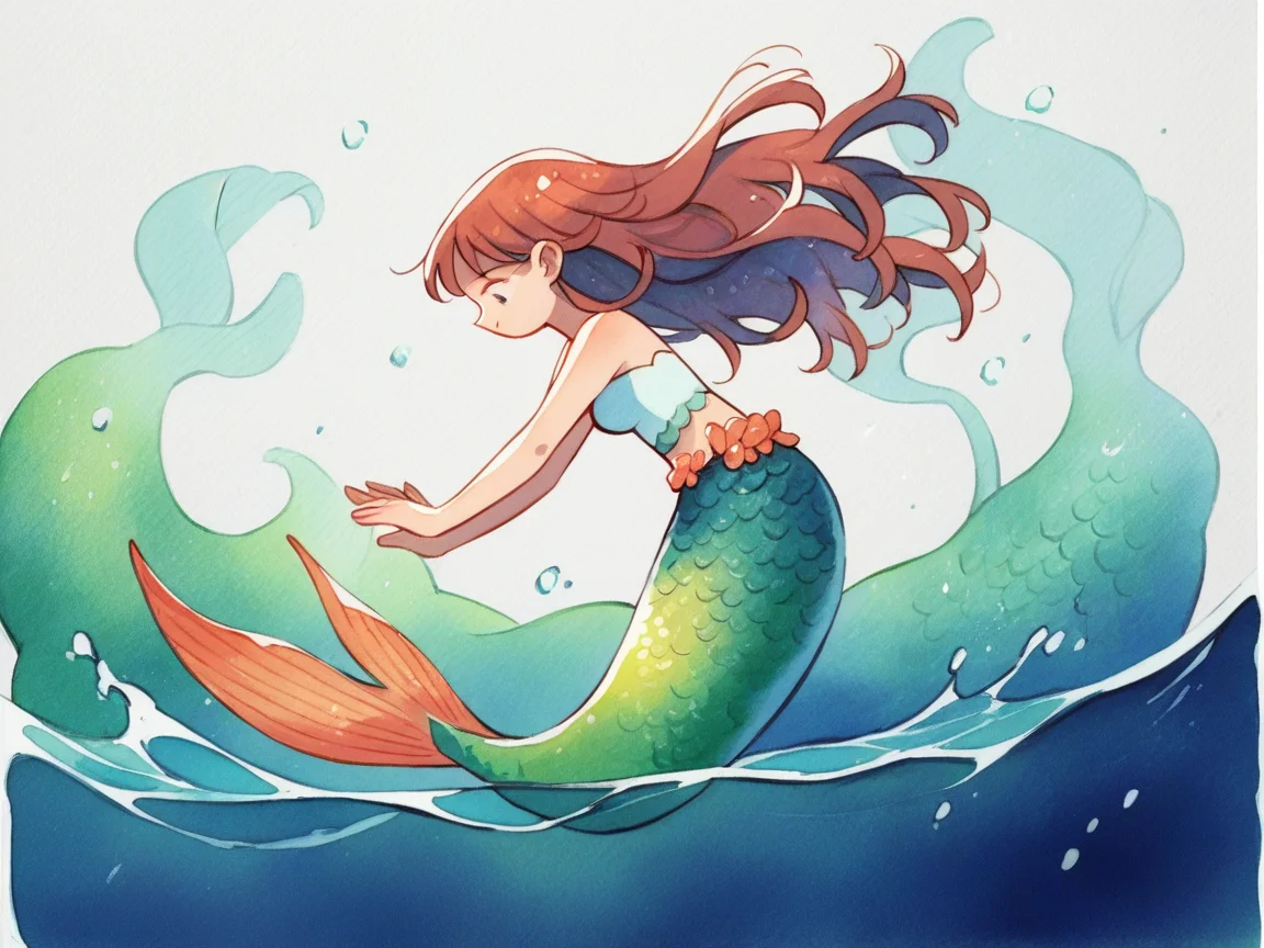 source_anime, score_9, score_8_up, score_7_up, score_6_up, score_5_up, <lora:h31k4l4XLP:1> h31k4l4, watercolor, long hair, blue, 1girl, mermaid,