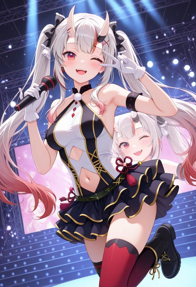 masterpiece, High quality, Ultra detailed, 2d, newest, absurdres, highres, indoors, stage, concert, 1girl, solo, nakiri ayame, oni, oni horns, white hair, red hair, streaked hair, gradient hair, red eyes, medium breasts, ayameidol, long hair, twintails, hair bow, black bow, halter shirt, sleeveless shirt, two-tone shirt, white shirt, black shirt, navel cutout, midriff, miniskirt, layered skirt, gold trim, mismatched legwear, red thighhighs, black thighhighs, fold-over boots, white gloves, looking at viewer, smile, wink, open mouth, peace sign, v, v over eye, holding microphone,