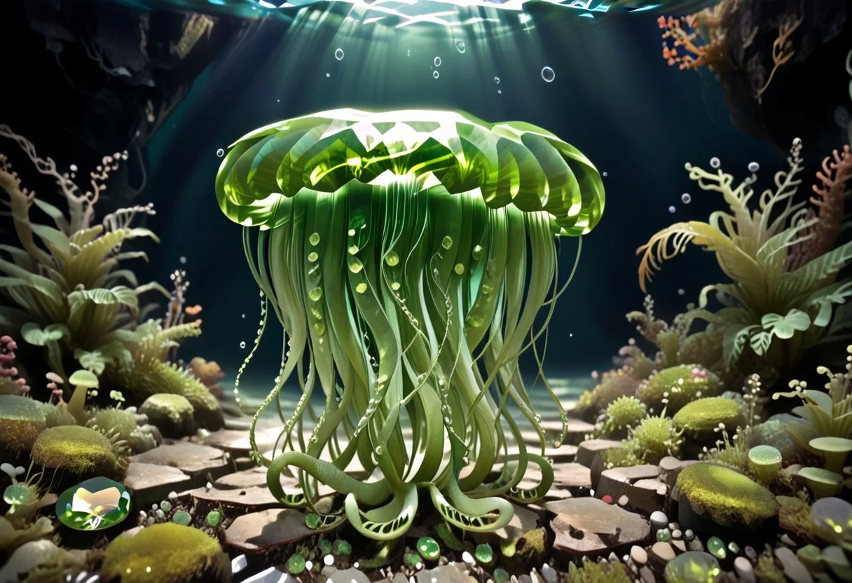 score_9, score_8_up, score_7_up, 8K resolution, amazing, highly detailed, highest resolution, BREAK. Underwater, big octopus made of hud_per1d0t_wrld, green gemstone, crystal, gem, shiny, peridot skin, world of peridots