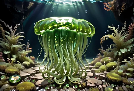 score_9, score_8_up, score_7_up, 8K resolution, amazing, highly detailed, highest resolution, BREAK. Underwater, big octopus made of hud_per1d0t_wrld, green gemstone, crystal, gem, shiny, peridot skin, world of peridots