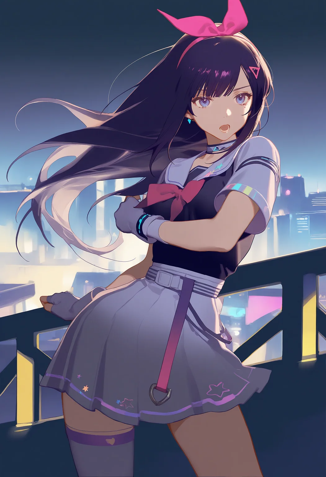 1girl,dark purple hair,sideloks,beila\(asoul\),beilaerzn,hair bow,gradient,triangle hair ornament,choker,fingerless gloves,white gloves,white skirt,short sleeves,asymmetrical legwear,voluptuous,plump,star \(symnol\),
artist:rei \(sanbonzakura\),artist:ask \(askzy\),artist:ningen mame,artist:doremi (doremi4704),
singing,rooftop,night,cyberpunk city,neon lights,cityscape,(vivid neon glow),(dynamic pose),(powerful voice),(glowing skyline),(streetlights),(endless traffic),(flowing hair),(high contrast lighting),(futuristic atmosphere),(urban nightscape),(neon reflections),(dramatic lighting),(focused lighting on singer),(vivid colors),(detailed buildings),(city noise),(electric energy),(night sky),(intense expression),(bold movement),(expressive voice),(captivating presence),(dreamlike neon),(urban glow),best quality,lifelike,mesmerizing background,dazzling lights,heart-pounding energy,vibrant street scene,cowboy shot,glowing,
<lora:Bellatest4-000018:0.7>,