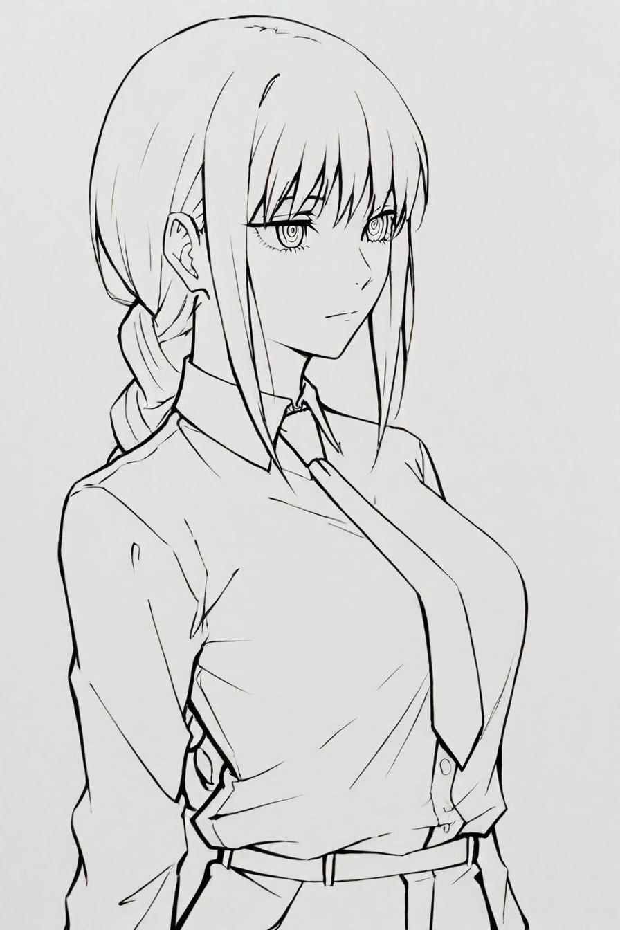 <lora:mak1ma0XL_Pony_v1:0.6> , mak1ma0, makima, long hair, ringed eyes, braid, white collared shirt,  necktie, pants, 1girl, solo, alone,  <lora:lineart_style_illustriousXL:0.8>, lineart, monochrome, greyscale,masterpiece, highres,