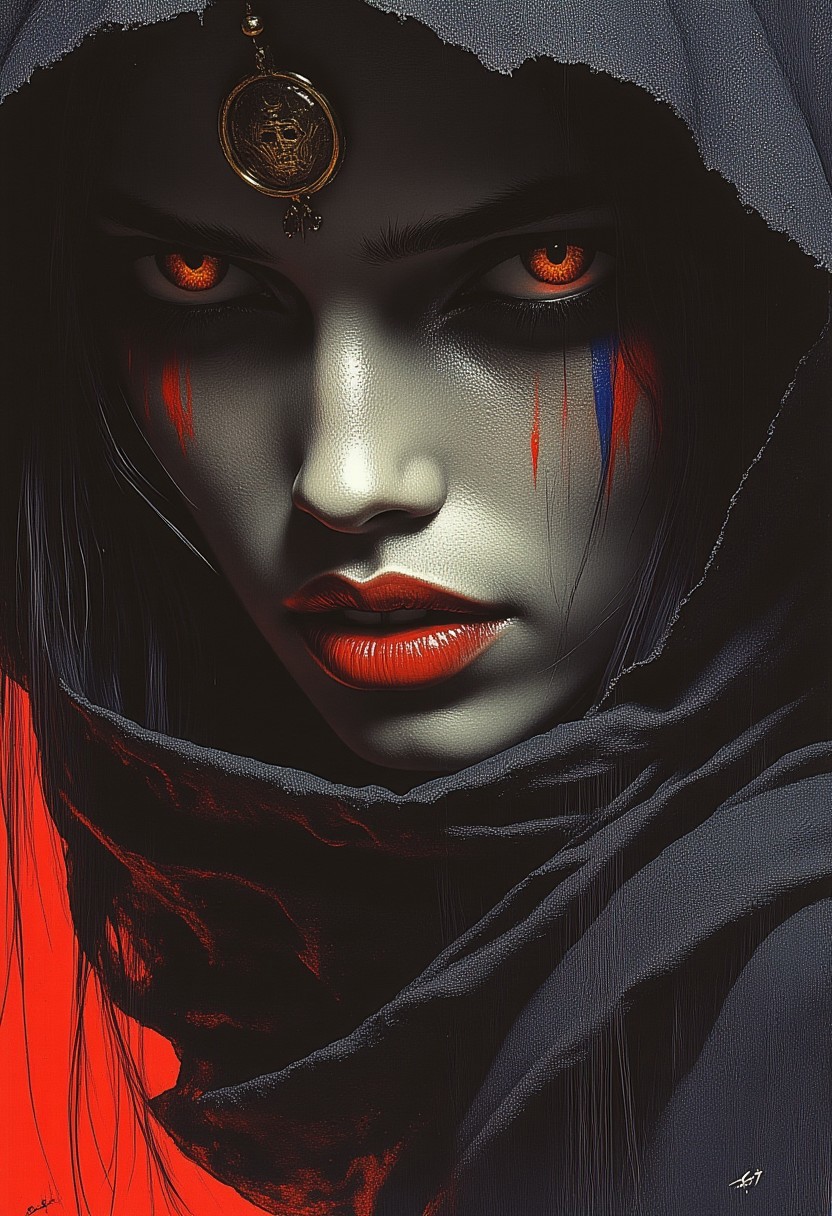 abstract photorealistic ink image in vivid, surreal colour glitch gradient, gold, red and blue colour scheme, a captivating female ninja warrior, detailed hazel eyes, red lips, black hood, night, chiascuro, directional light hitting one side of the face