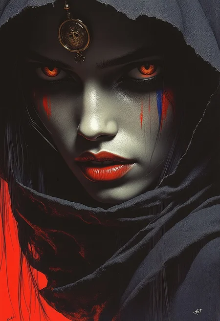 abstract photorealistic ink image in vivid, surreal colour glitch gradient, gold, red and blue colour scheme, a captivating female ninja warrior, detailed hazel eyes, red lips, black hood, night, chiascuro, directional light hitting one side of the face
