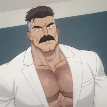 man,<lora:omniman:0.6>, mustache, muscular, suit, indoors, close up