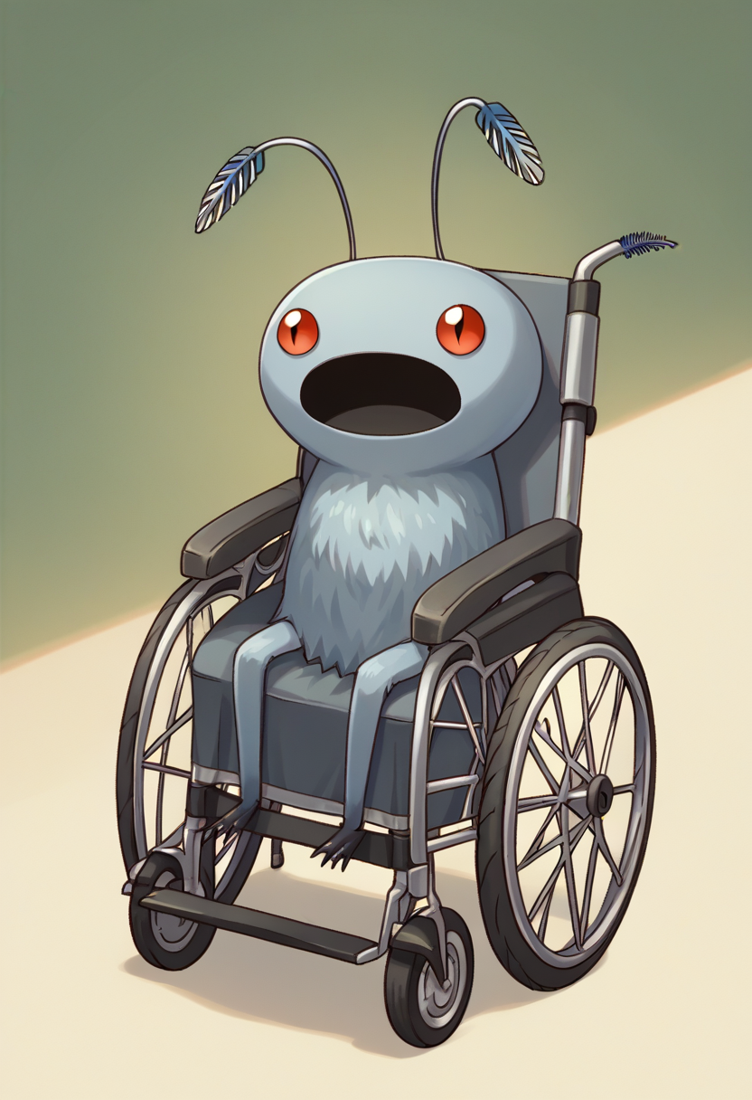 score_9, score_8_up, score_7_up, source_anime BREAK solo, pokemon \(creature\), no humans,  <lora:Mothman-pdxl_Fp:1>, mothman, red eyes, open mouth, antennae,  <lora:Wheelchair_XLPD:1>, wheelchair,  sitting