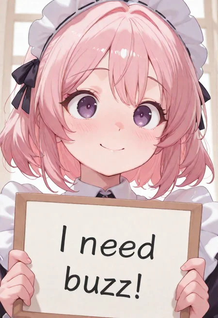 masterpiece, cute, absurdres, 4k, CivChan, purple_eyes, pink_hair, solo, need_buzz, holding sign, looking_at_viewer, upper_body, soft_smile, light_blush, pastel_colors,