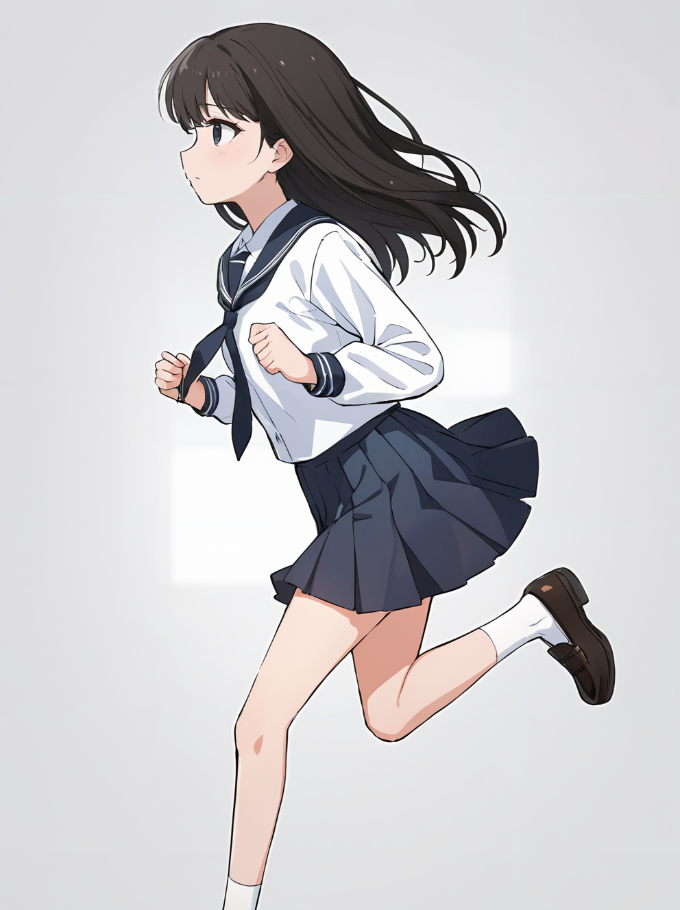 masterpiece,ultra-detailed,best quality,8K,illustration,cute face,clean skin ,shiny hair,girl,ultra-detailed-eyes,simple background, <lora:add-detail-xl:1> <lora:girl run_XL_V1.0:1> girl run, running,school uniform,thighs,from side