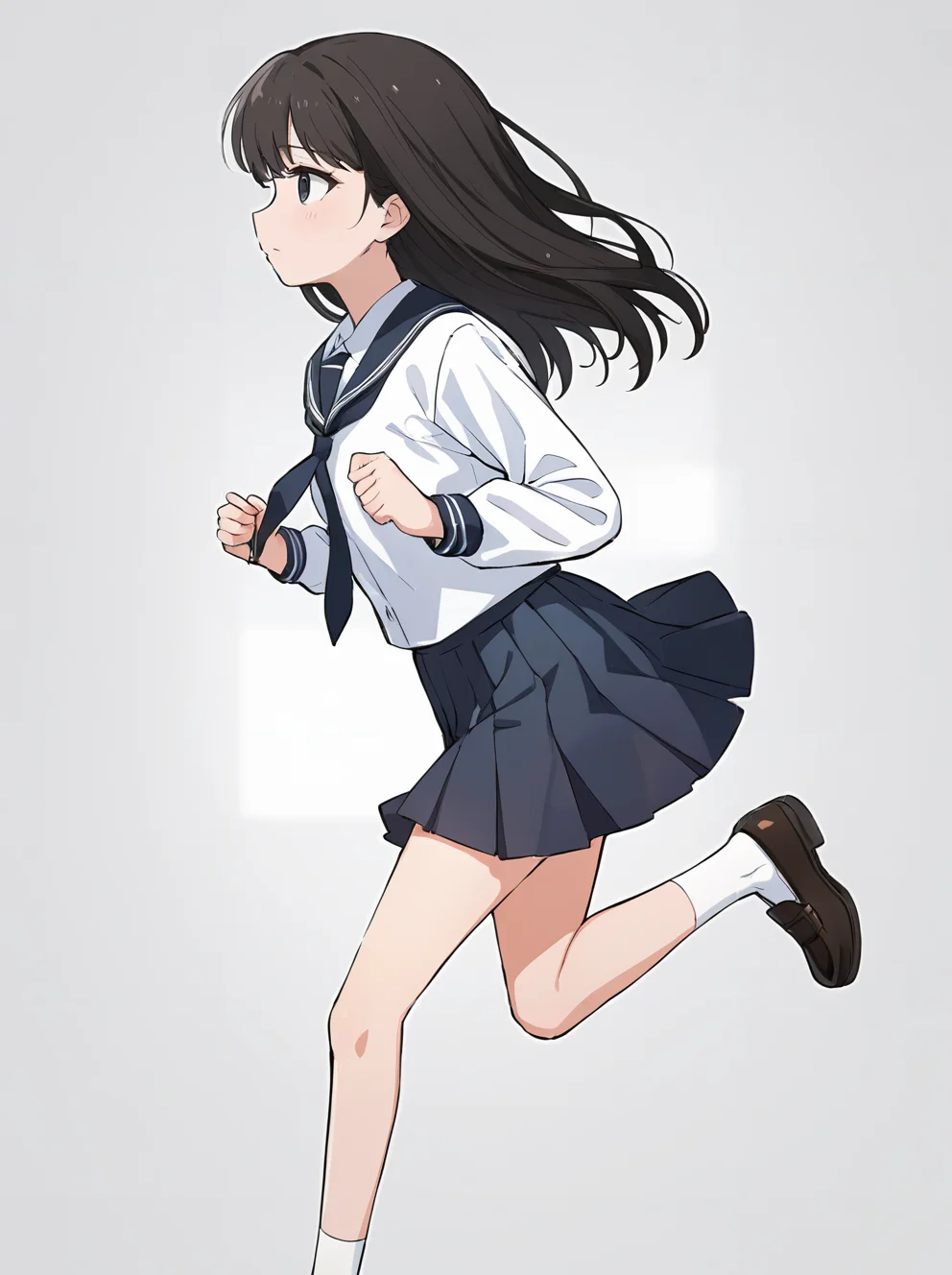 masterpiece,ultra-detailed,best quality,8K,illustration,cute face,clean skin ,shiny hair,girl,ultra-detailed-eyes,simple background, <lora:add-detail-xl:1> <lora:girl run_XL_V1.0:1> girl run, running,school uniform,thighs,from side