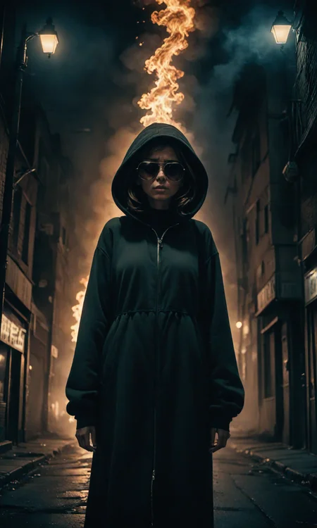 The most scary photograph in the world."a woman with a hood and sunglasses stands under a street light, 35mm film photo"The thing is standing in an empty street on fire at night, smoke around her holding her ears by Paul Lehr, hyper detailed photography, high quality, 4k hd, cinematic shot, full color camera, movie scene, cinematography <lora:Fast:0.69>