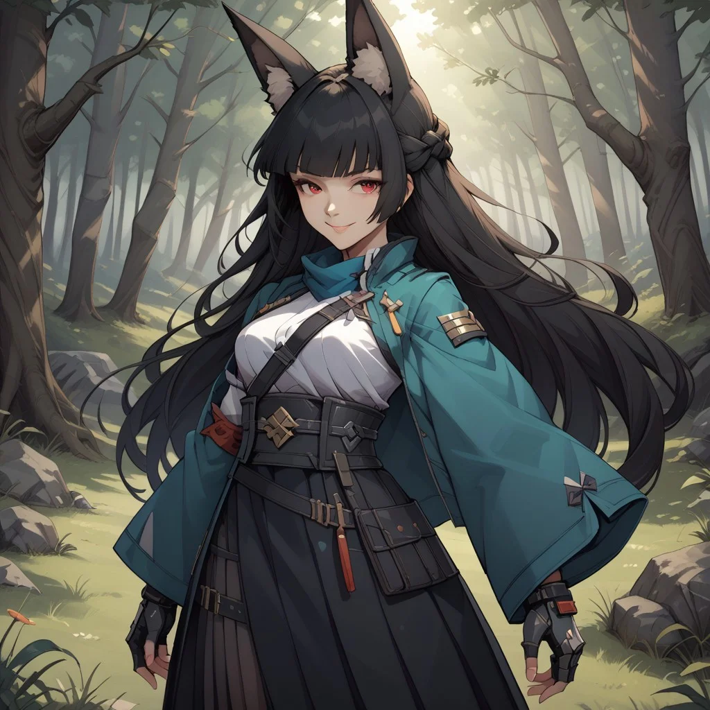 score_9, score_8, BREAK, solo, hoshimi, red eyes, black hair, very long hair, blunt bangs, braid, fox ears, green jacket, jacket on shoulders, single wide sleeves, fingerless gloves, mechanical arm, gauntlets, white shirt, black necktie, id card, black skirt, high-waist skirt, pantyhose, sexy pose, self portrait, smile, outdoors, sunlight, shadows, evening lighting, natural lighting, forest, trees, grass, orange sky, sunset