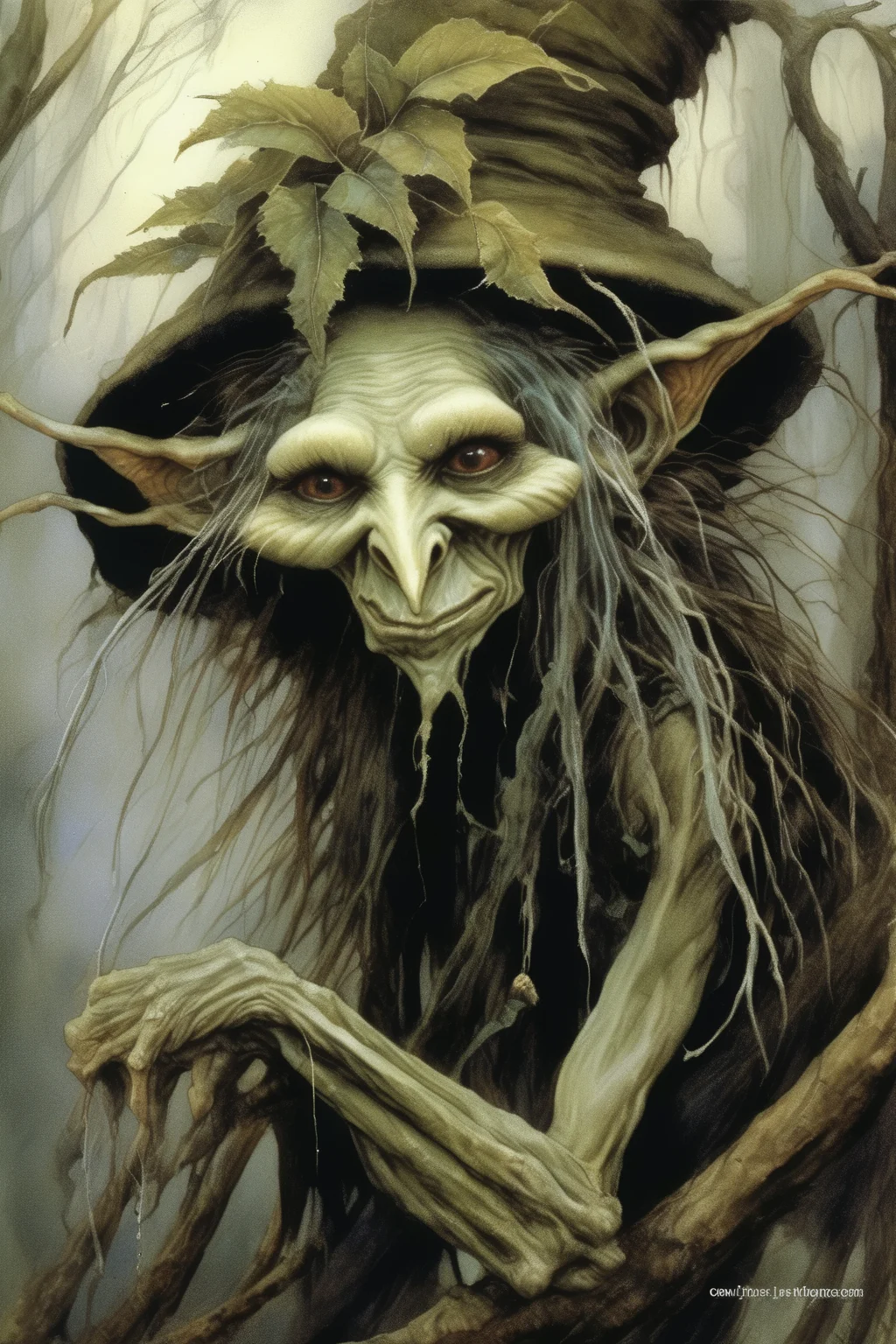 <lora:Wendy Froud Style:1>Wendy Froud Style - high resolution, dark swamp hag, combine the styles of the artists amy brown and brian froud