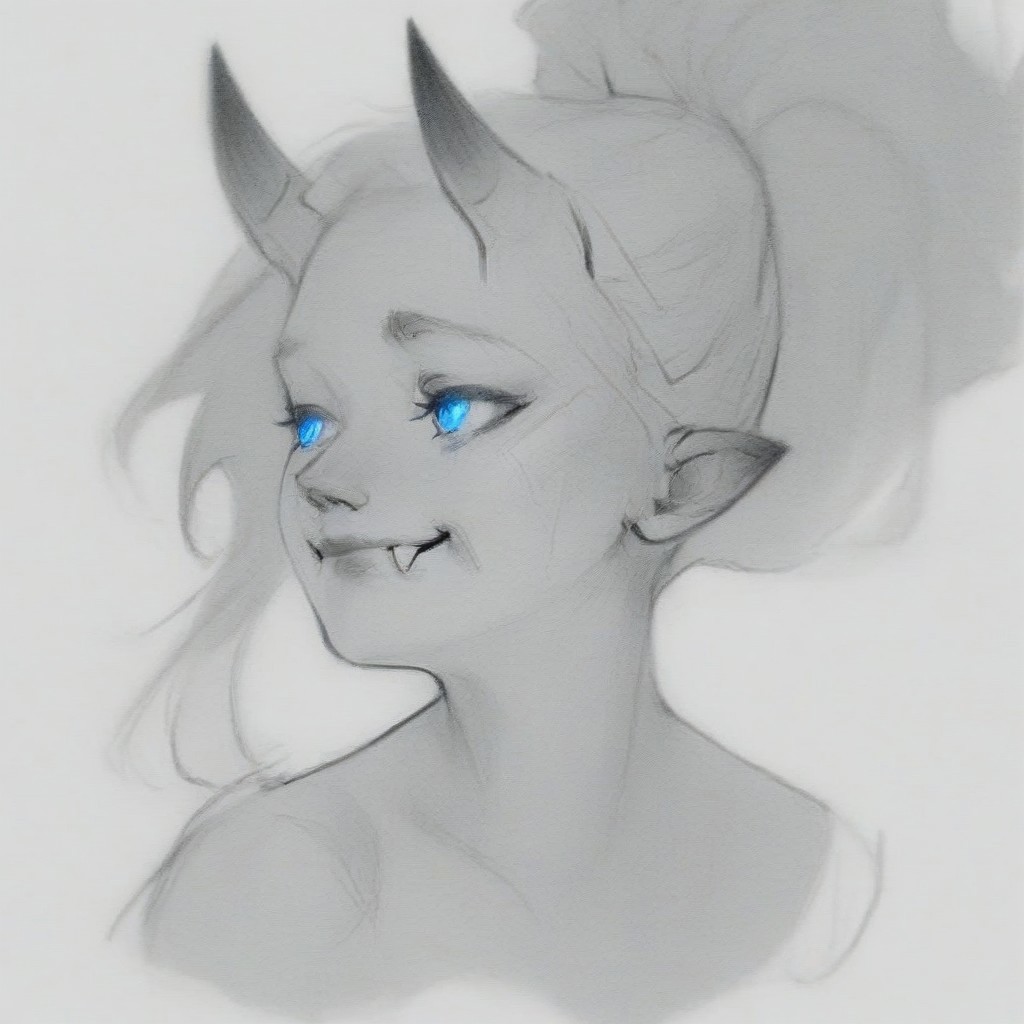 sketch, monochrome, greyscale, score_9, score_8_up, score_7_up, masterpiece, best quality, absurdres, vibrant, highly detailed, cropped portrait, 1girl, solo, Lynn Pink, blue eyes, ponytail, horns, pointy ears, fangs, (((adult))), small breasts, simple shirt, long sleeves, off shoulder, no bra, looking away, closed mouth, smile, white background, simple background