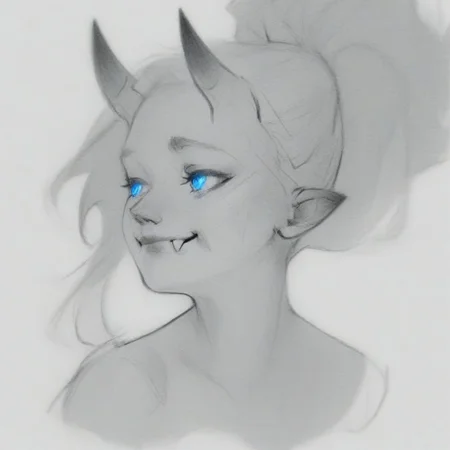 sketch, monochrome, greyscale, score_9, score_8_up, score_7_up, masterpiece, best quality, absurdres, vibrant, highly detailed, cropped portrait, 1girl, solo, Lynn Pink, blue eyes, ponytail, horns, pointy ears, fangs, (((adult))), small breasts, simple shirt, long sleeves, off shoulder, no bra, looking away, closed mouth, smile, white background, simple background
