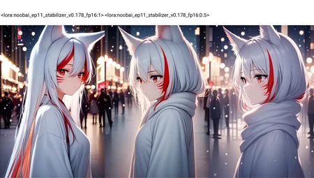 <lora:noobai_ep11_stabilizer_v0.178_fp16:1>1girl,fox ears,red eyes,white hair,red hair,hair between eyes,closed mouth,multicolored hair,red whisker markings,upper body,from side,snowing,bokeh,night,street,people,masterpiece,