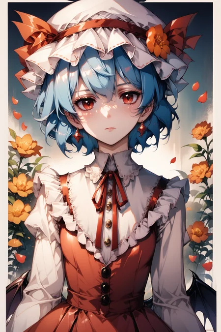 1girl,solo,wings,remilia scarlet,hat,flower,red eyes,long sleeves,looking at viewer,ribbon,blue hair,bat wings,puffy sleeves,short hair,juliet sleeves,red flower,mob cap,red ribbon,dress,upper body,bangs,hair between eyes,earrings,frills,jewelry,closed mouth,hat ribbon,blush,white dress,petals,hat flower,orange flower,neck ribbon,eyelashes,buttons,breasts,white headwear,red dress,border,expressionless,score_9,score_8_up,<lora:flyx3_XL_PONY:1>,