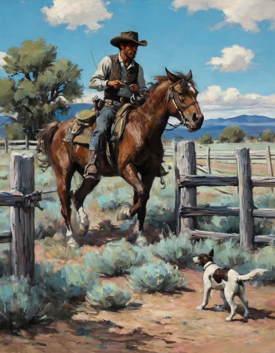 a NPrice painting depicting a cowboy on a horse, with a dog trotting alongside them and a wooden fence in the background. The sky is blue, and there are a few small white clouds. The cowboy wears a hat, a long-sleeved shirt, and what appears to be a vest. The cowboy is holding something in his hands and smoking. The horse has brown and white spots, with a long brown mane and tail and a metal chain reins. The dog is white, with brown spots on its face and back, long droopy ears, and is trotting to the left. The fence is made of horizontal posts with vertical posts holding them up. It appears to be old, and some of the posts are rotting. The ground has tan grass and a pink-colored dirt or sand. Set in 1878<lora:NPrice1-000006:1>