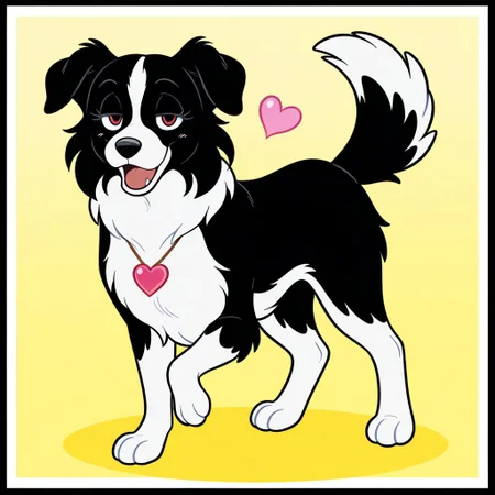 fly, border collie, black and white, fur, dog, female, dog, Disney, (((half-open eyes))), (((no neckwear except pink heart necklace))) BREAK playful, confident, cheeky, friendly, smug, adorable, loving, expressive eyes, standing, (((raised right front leg))), BREAK happy, female, standing, score_9, score_8, score_7, no humans, (((full body))), standing, solo, female, feral, hight definition, no neckwear except pink heart necklace, hyper detailed, best quality, amazing quality, 1girl, cute, cute smile, cute pose, 8k, masterpiece, eyelashes, (((half-open eyes))), slightly open mouth, smile, looking at viewer, sweety pose <lora:Furry_Enhancer Chroma V1:1>