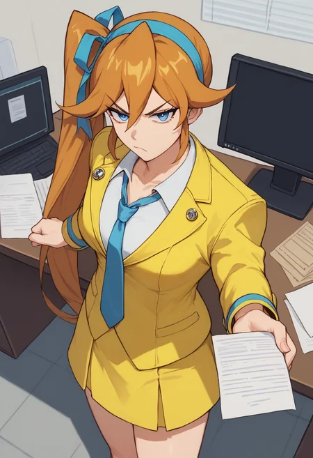 score_9, score_8, score_7, source_anime,
rating_general,
<lora:athena-ponyxl-000008:1> aacykes, hair ribbon, high side ponytail,
necktie, yellow jacket, yellow skirt,
1girl, solo, standing, looking down, looking at viewer, annoyed, office, computer, paper, desk
