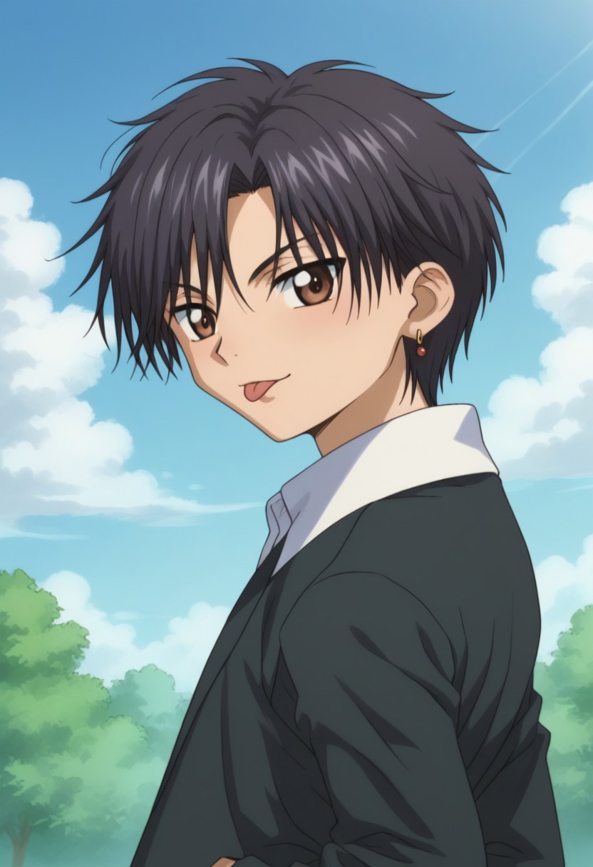 score_9, score_8_up, score_7_up, source_anime, highly detailed, 
natsume, solo, earrings, jewelry, brown eyes, tongue, tongue out, 1boy, male focus, looking at viewer, upper body,
black hair, looking back, school uniform, black sweater, shirt, white shirt, upper body,
outdoor, sky, clouds,