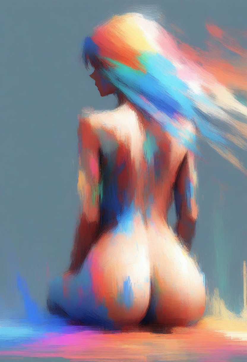 digital painting, impressionist style, bold brush strokes, 1girl, naked, perfect rounded butt, colorful,  simple background