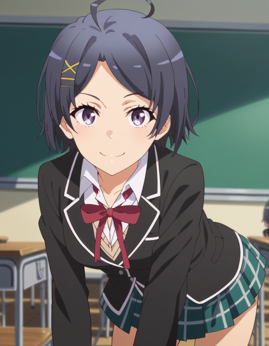 score_9, score_8_up, score_7_up, source_anime,
komachihikigaya, <lora:komachi-hikigaya-s2s3-ponyxl-lora-nochekaiser:1>,
komachi hikigaya, short hair, black hair, hair ornament, ahoge, hairclip, x hair ornament, purple eyes,
skirt, ribbon, school uniform, jacket, black jacket, plaid, plaid skirt, blazer, sobu high school uniform,
indoors, classroom, bent over, smile,
looking at viewer, cowboy shot, solo, dutch angle,