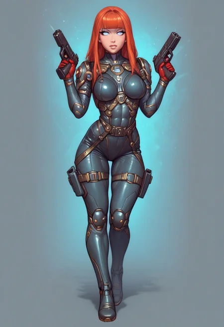 ((1girl, cute face, standing in wastelands, sands, dynamic pose,
Glowing aura surrounding a futuristic character like the Nomad, clad in a futuristic detailed brown suit handmade, (((army body armor))) patches on suit, redhead, long bangs,holographic blue light streaks, full face gasmask, (big shining white eyes without pupils:1.5), dynamic pose)), 
BREAK 
((((full closed)))), (((big futuristic gun in hands, sci-fi gun in hands)))
strange world background score_9, score_8_up, score_7_up, score_6_up, source_cartoon, rating_explicit, Expressiveh, (((((full body))))), dynamic pose