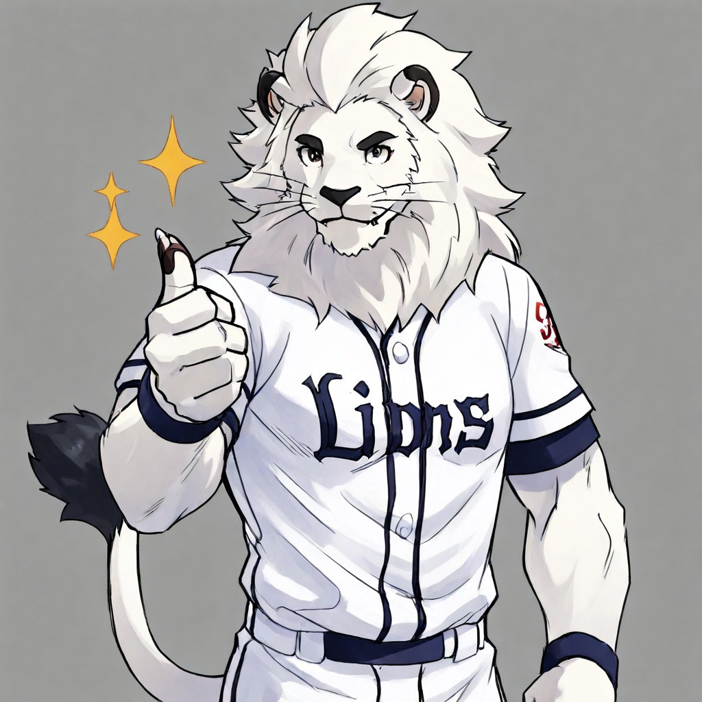 (masterpiece, best quality, detailed, absurd res), solo male, seibuleo, lion, white fur, baseball uniform, upper body, three quarter view, claws, (thumbs up), Bara, simple background,