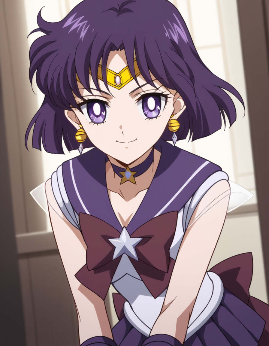 score_9, score_8_up, score_7_up, source_anime, <lora:hotaru-tomoe-eternal-movie1-ponyxl-lora-nochekaiser:1>, hotaru tomoe, purple eyes, short hair, purple hair, circlet,, brooch, choker, earrings, gloves, jewelry, magical girl, miniskirt, purple sailor collar, sailor collar, sailor senshi uniform, skirt, star choker, white gloves,, indoors, bent over, smile, looking at viewer, solo,, cowboy shot, dutch angle