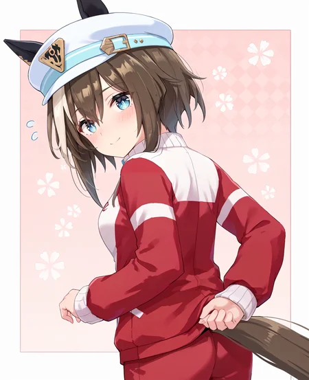 score_9, score_8_up, score_7_up, 1girl, (looking at viewer:1.2), (open mouth:0.6), smile,, nose blush, patterned background,,
(running:1.4),, (from behind:1.2),
<lora:pony_cheval_grand_v1.06:0.8>, horse ears, horse tail, black ear covers, cheval grand \(umamusume\), embarrassed, medium small breasts, captain hat, short hair,
<lora:_sdxl-um-tracenjersey-pony:0.6>, red jacket, track jacket, sleeves past wrists, tracenjerseypants, red long pants,,,