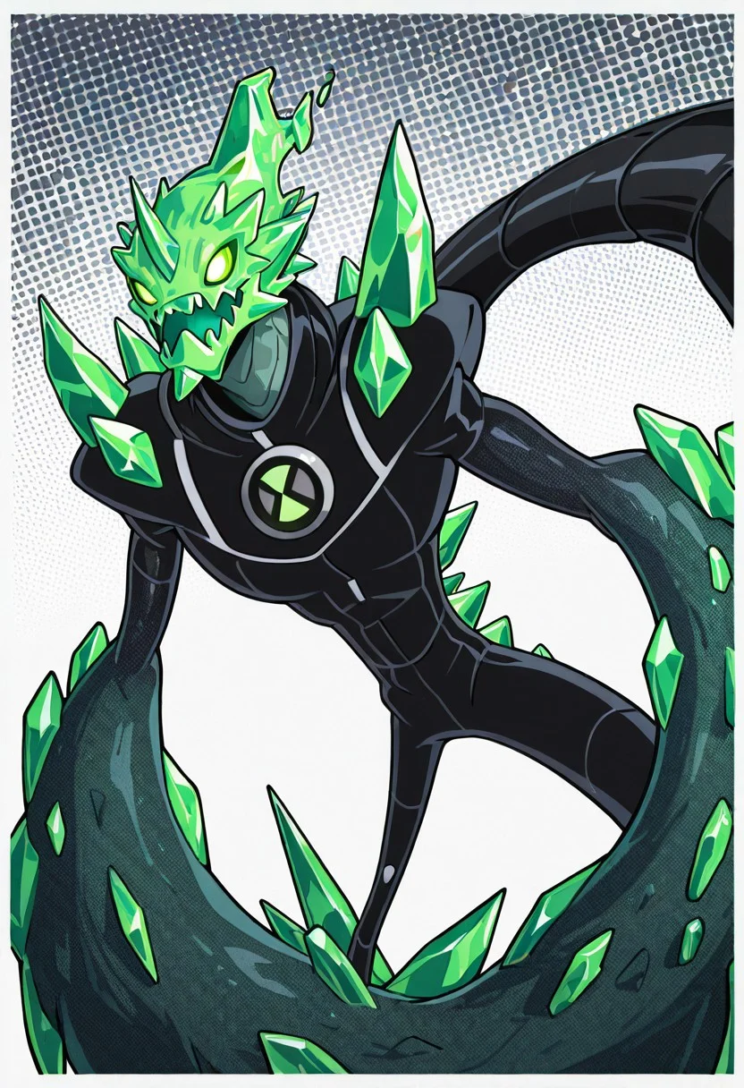 masterpiece, best quality, amazing quality, very aesthetic, absurdres, newest, cinematic, movie scene, foreground blur,
omni, black white bodysuit, badge, , pokemon (creature), simple background, solo, white background, fan art,,
crystal monster, green crystals, back spikes, big arms, big jaw,
upper body, halftone effect, white borders, abstract background:1.2,