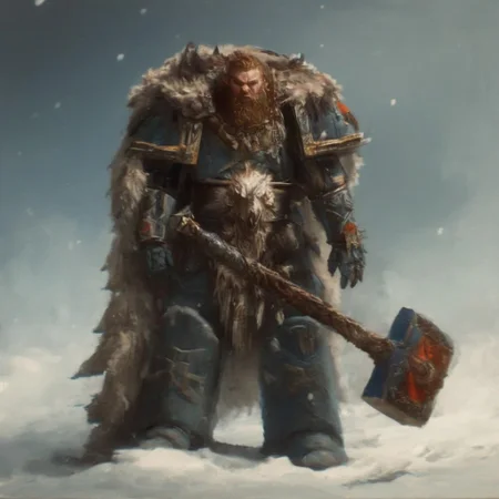 Space wolf warrior with beard is in winter landscape, he is a werewolf space marine,  he as heavy scars, he has his huge runic hammer in his hands, portrait style, viking, norse, beard, clad in ripped furs and pieces of old worn space wolf armor, his hammer is buried into a giant dead enemy demon, boss demon is defeated, Black over black, top light, masterful painting in the style of Anders Zorn | Marco Mazzoni | Yuri Ivanovich, Todd McFarlane, oil on canvas
<lora:add-detail-xl:1> <lora:MJ52:0.5>