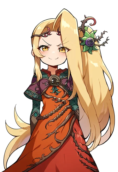 <lora:pony_good_hands:1>, <lora:Anime Style 2 SDXL_LoRA_Pony Diffusion V6 XL:0.5>, score_9, score_8_up, score_7_up, source_anime, good_hands,
simple white background, from behind,
<lora:IcaViridi-000015:1>, 1girl, solo, IcaViridi, long blonde hair, side ponytail, yellow eyes, red dress, thorn crown, asymmetrical sleeves, hair flower, eyes visible through hair,
smile, looking at viewer, blush, smug, turning head, standing,